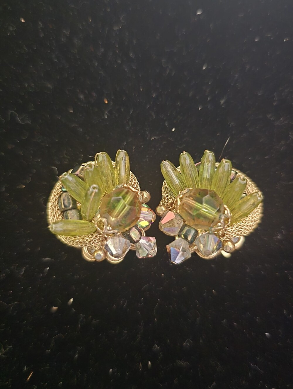 Vintage Gold-Tone Crysyal Mesh Beaded Clip-On Earrings
